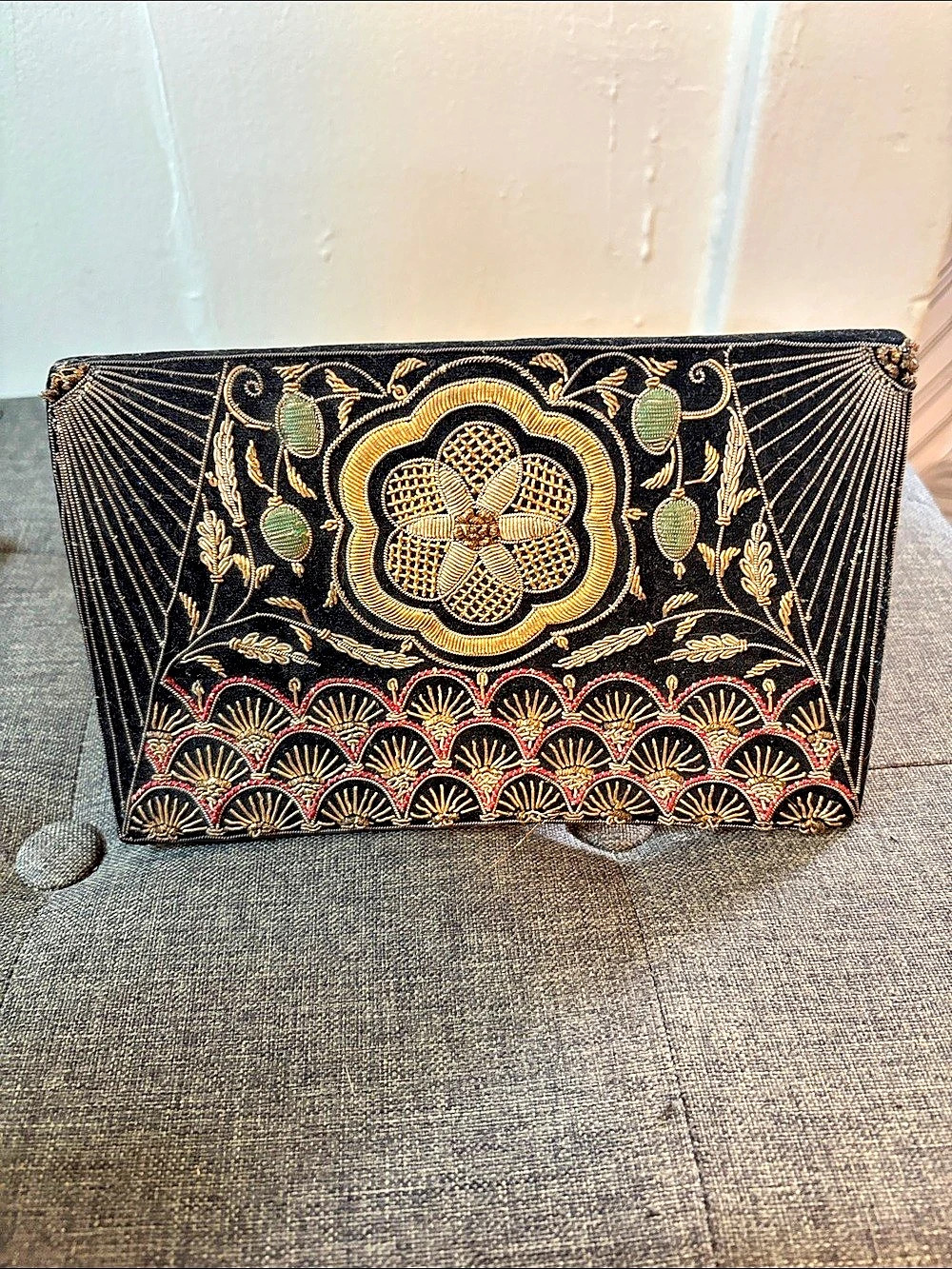 Vintage gold tread Embroidered Clutch in Black & Gold